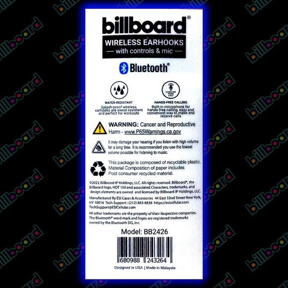 Billboard Wireless Earhooks with Controls & Mic | Blue (Model BB2426) Bluetooth - Picture 5 of 7